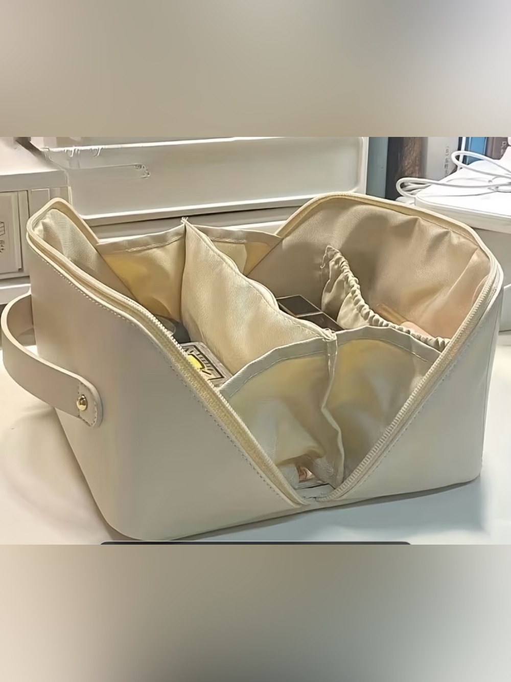 Cream Travel Makeup Organizer Bag
